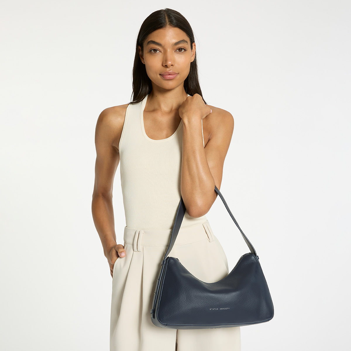 Status Anxiety Hide Out Women's Leather Shoulder Bag Midnight Blue
