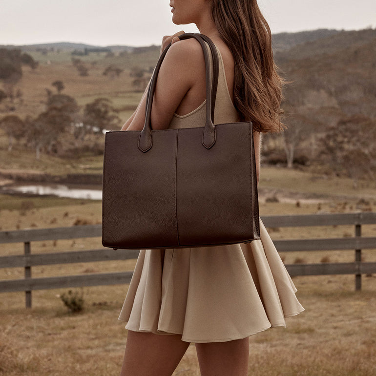 Status Anxiety Without Warning Leather Tote Bag Cocoa