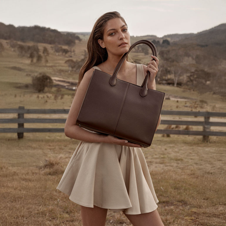 Status Anxiety Without Warning Leather Tote Bag Cocoa