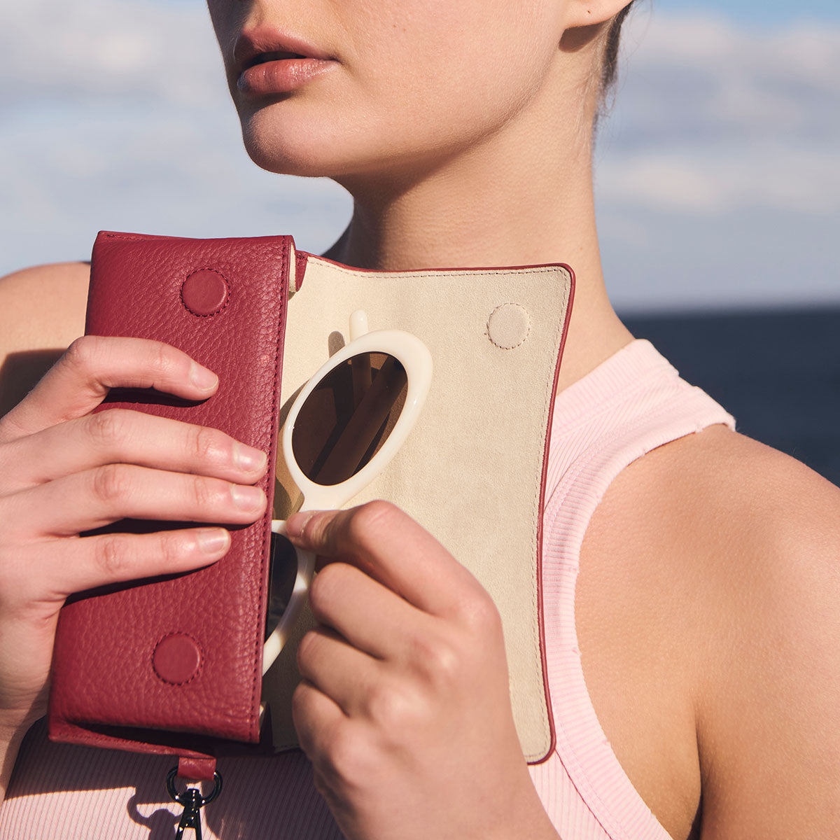 Status Anxiety ‘Into The Ether’ Leather Sunglasses Case Rouge