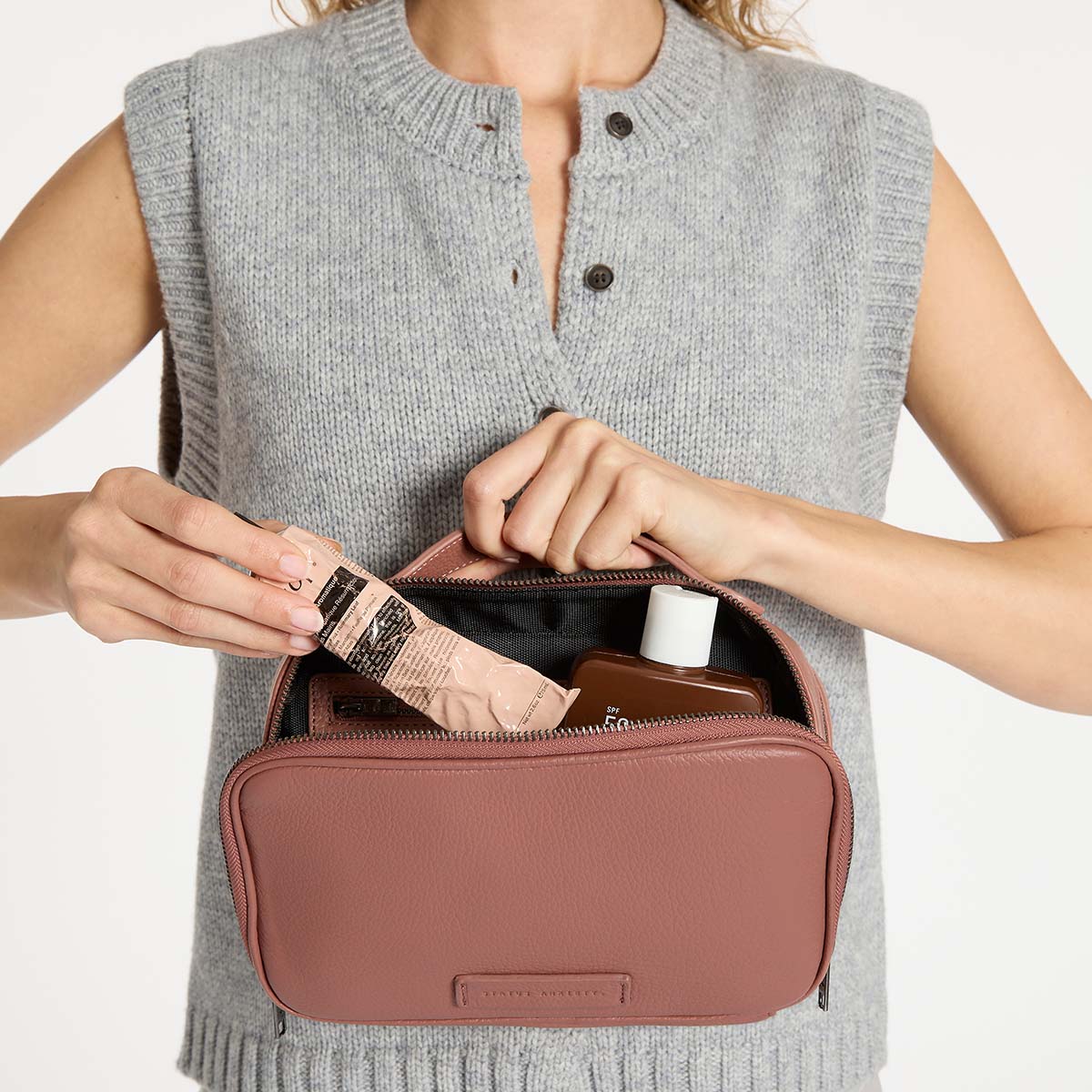 Status Anxiety Other Side Leather Toiletries Bag Dusty Rose