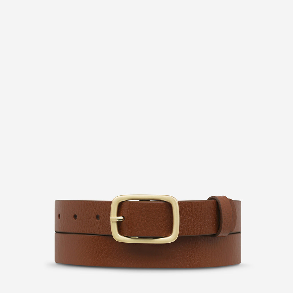 Nobody's Fault Women's Tan/Gold Leather Belt | Status Anxiety®